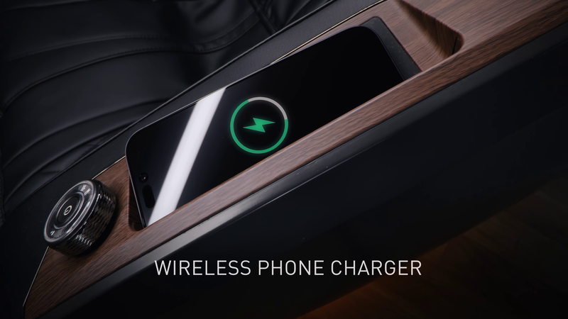 DualTech Pro AI 4D massage chair's dual conductive wireless phone charger pads phone holder