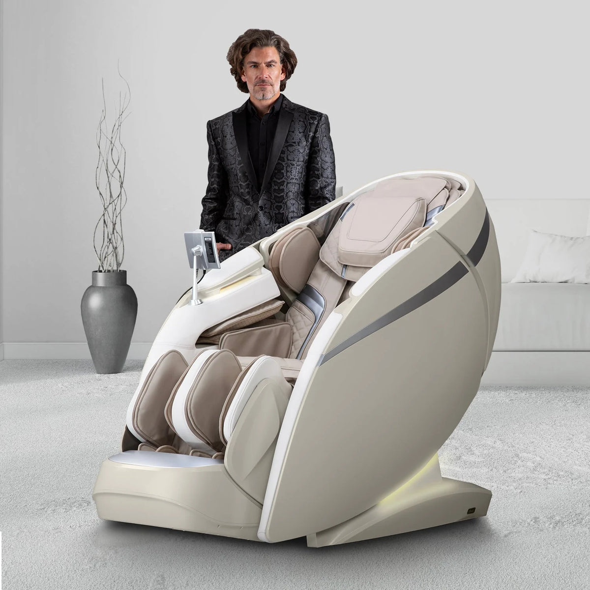 Man standing by Osaki DuoMax 4D Dual massage chair