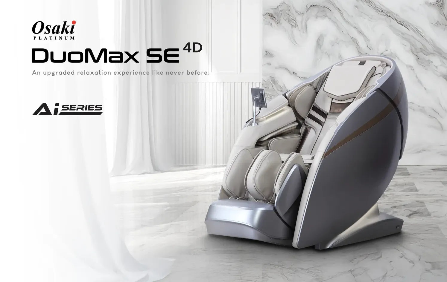 Osaki DuoMax SE 4D massage chair in marble room showing osaki and AI series logos