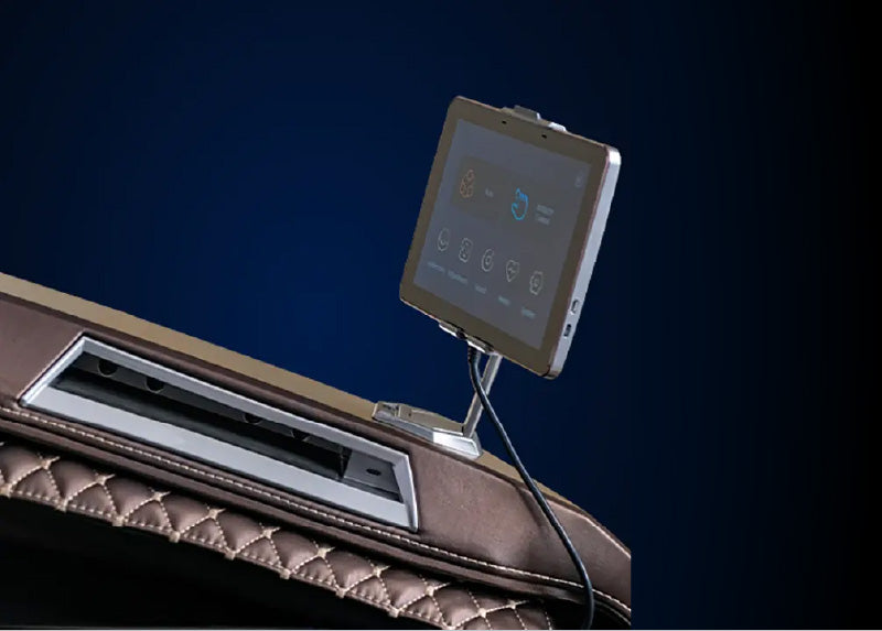 Infinity Circadian 4D DualFlex massage chair close up on wireless conductive phone charger pad in holder slot
