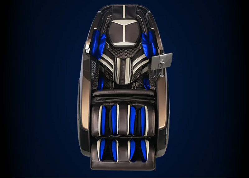 Infinity futuristic 4D massage chair in brown and dark brown and black and silver highlighting full body air pressure ompression massage cells