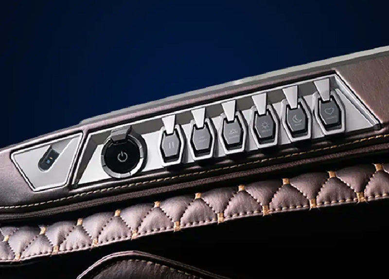 Infinity Circadian 4D DualFlex closeup on quick-access convenient control panel with pause and stop / power buttons