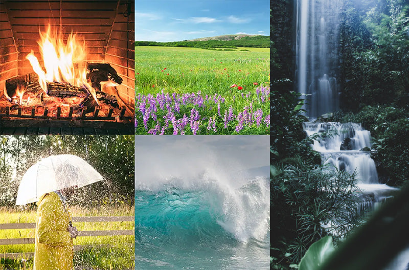 Menu of SootheMe nature soundscapes showing fireplace and rain and ocean and field