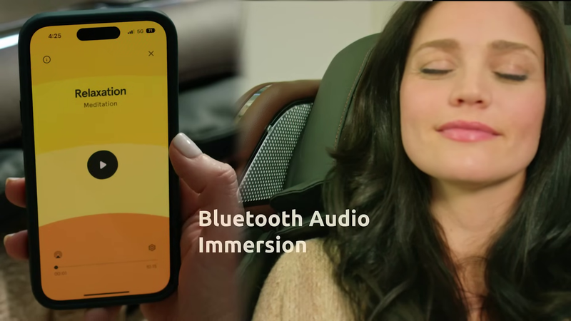 Woman playing relaxing meditation sounds for bluetooth audio immersion on M8 Neo massage chair.
