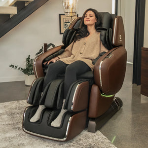 Woman relaxing happy in M8 Neo luxury massage chair