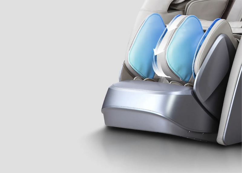 Osaki DuoMax SE 4D massage chair showing deep calf kneading motion of air leg massage