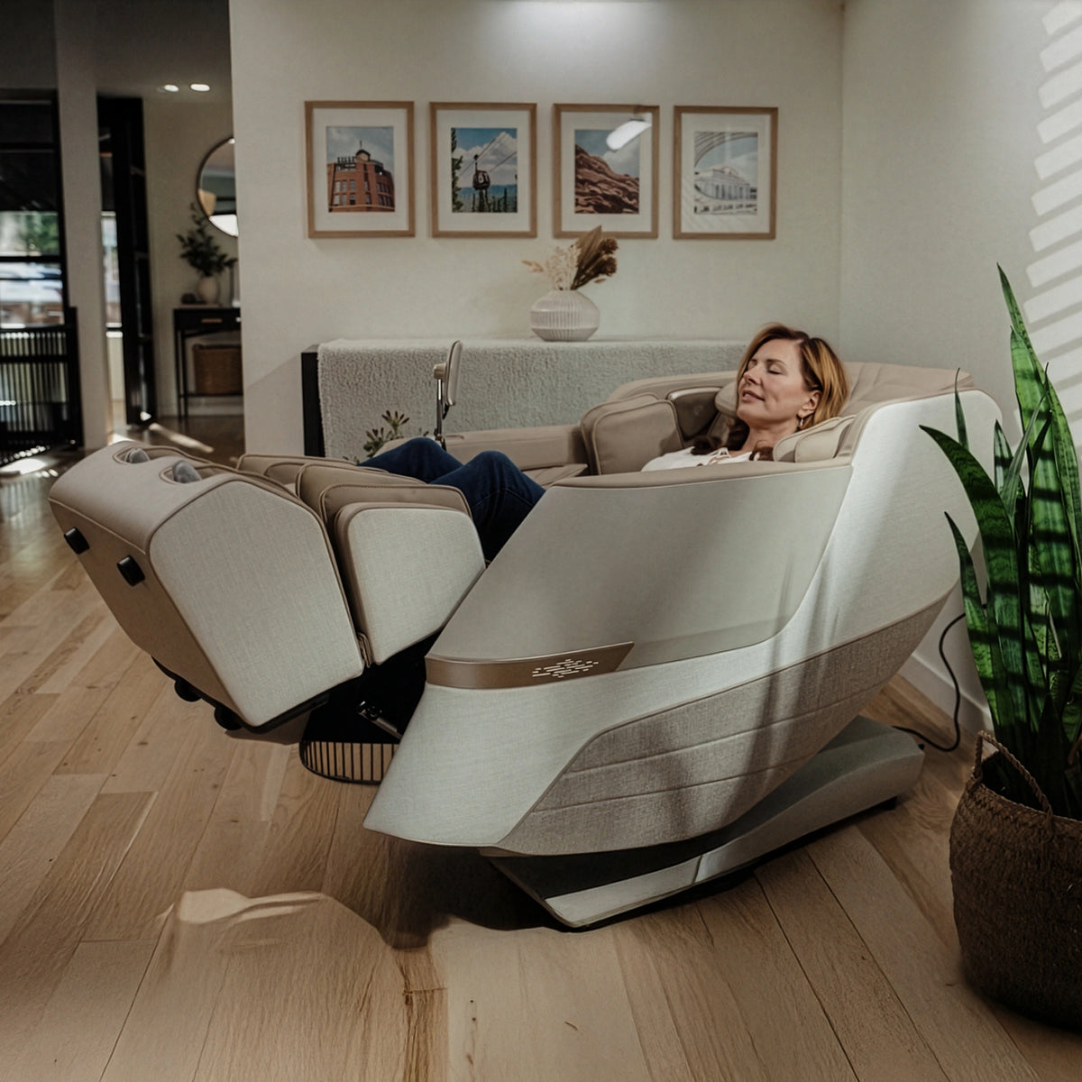 Woman relaxing in Positive Posture DualTech 4D Massage Chair in living room