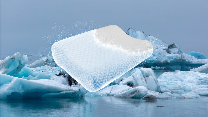Iced-over Trillow cooling contour pillow demonstrating the feeling of Glacier cooling technology