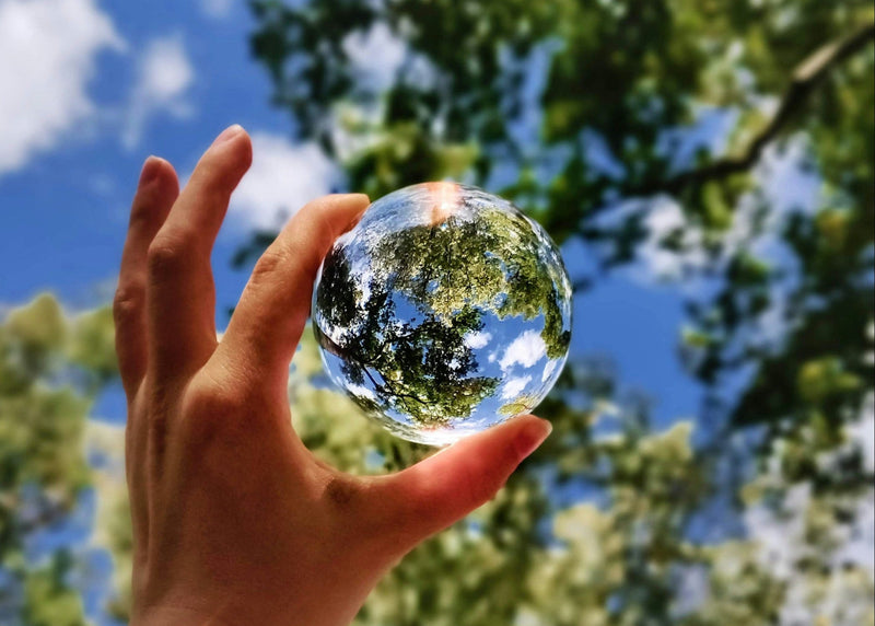 Eco friendly nature scene of plants background with hand holding glass ball